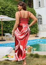 Costume intero da 2 pezzi in taglie comode, composto da canottiera tinta unita scollo a V e gonna lunga con stampa a righe e laccio